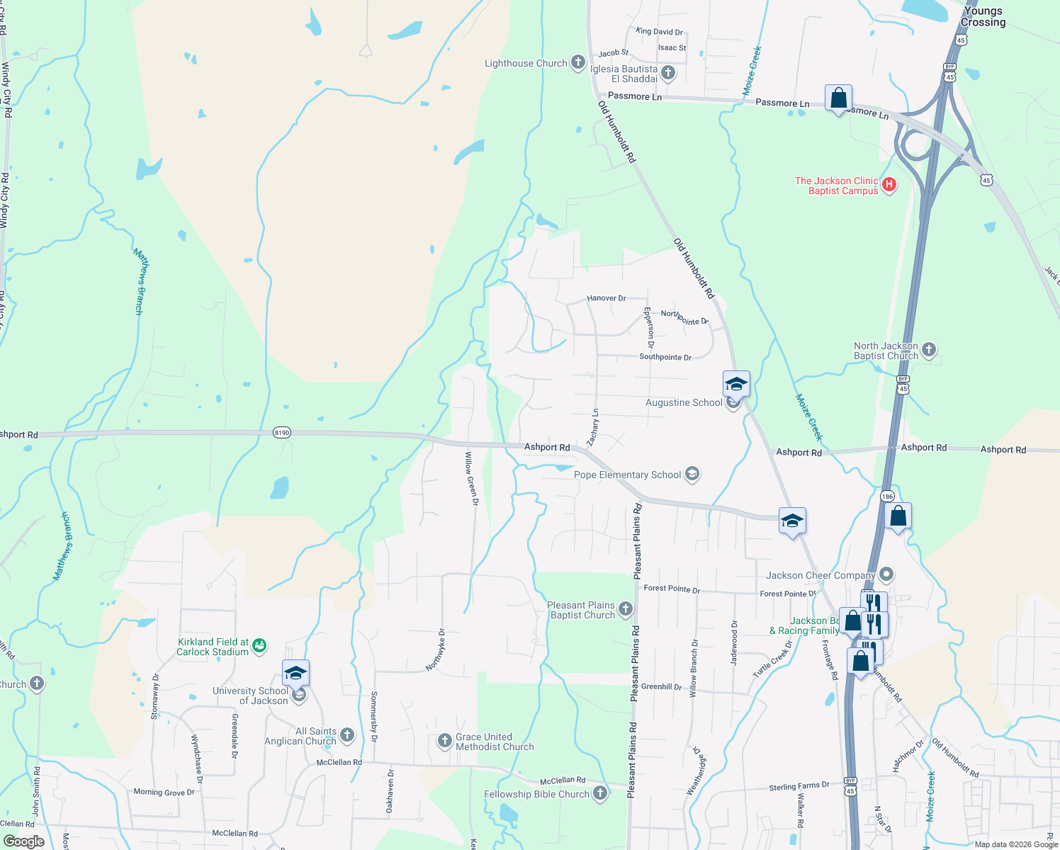 map of restaurants, bars, coffee shops, grocery stores, and more near 40 Arbor View Drive in Jackson