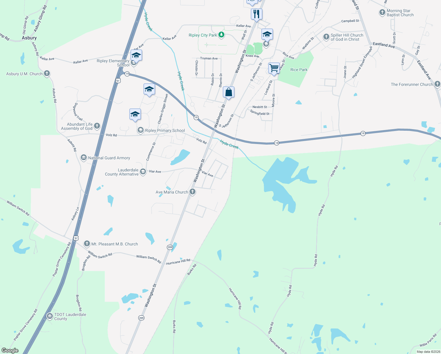 map of restaurants, bars, coffee shops, grocery stores, and more near 422 Michael Street in Ripley