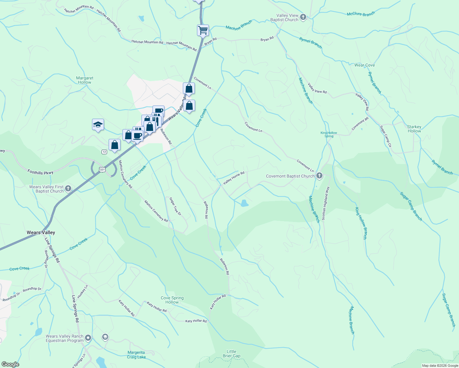 map of restaurants, bars, coffee shops, grocery stores, and more near 3249 Valley Home Road in Sevierville