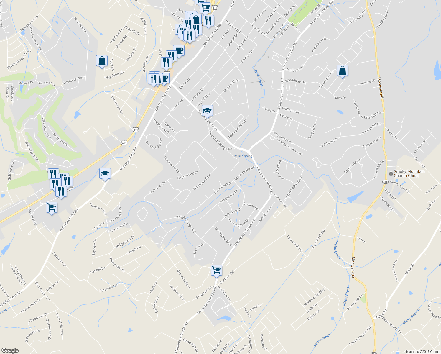 map of restaurants, bars, coffee shops, grocery stores, and more near 402 Holyrood Way in Maryville
