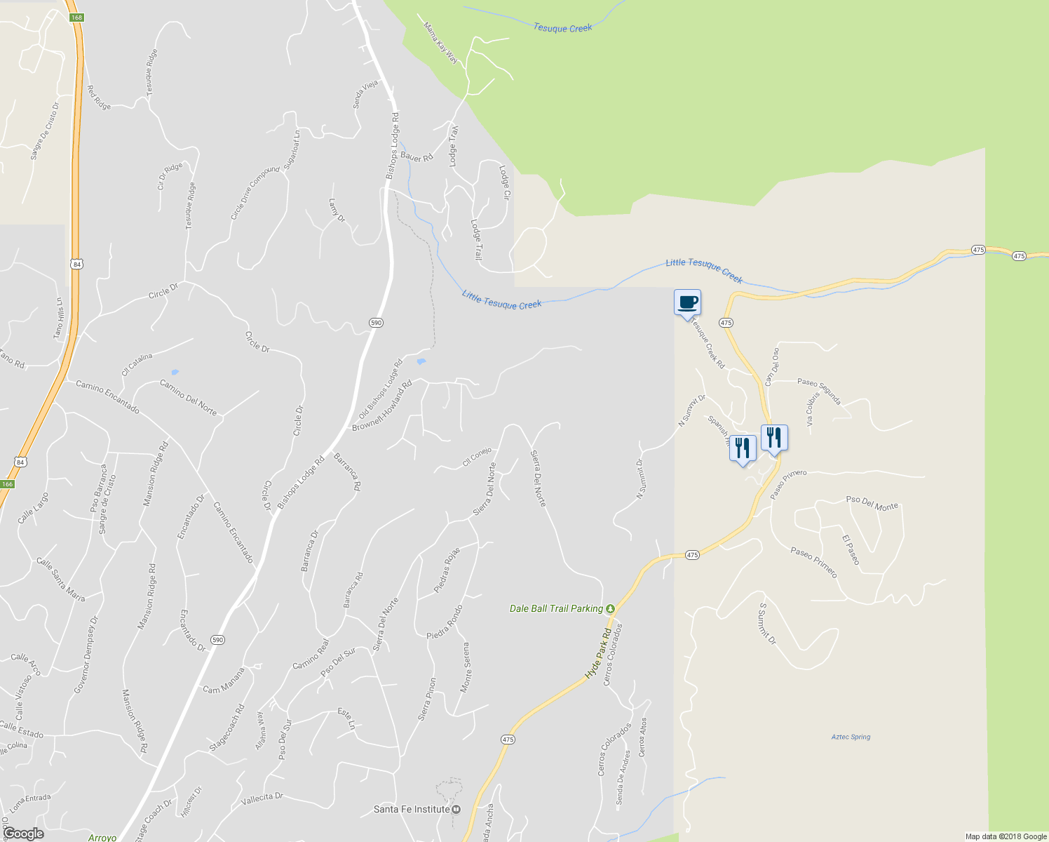 map of restaurants, bars, coffee shops, grocery stores, and more near 1048 Sierra Del Norte in Santa Fe