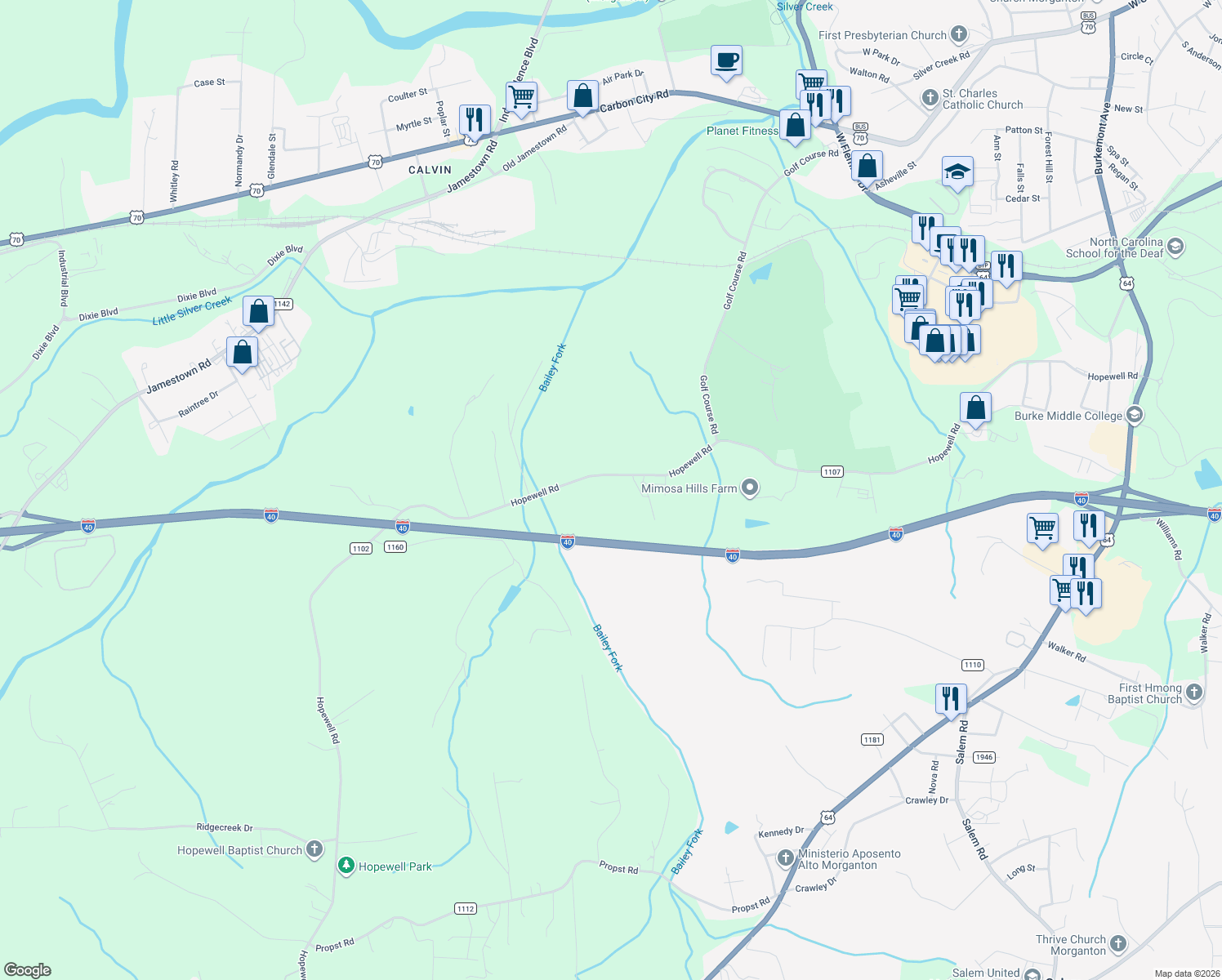 map of restaurants, bars, coffee shops, grocery stores, and more near 749 Hopewell Road in Morganton