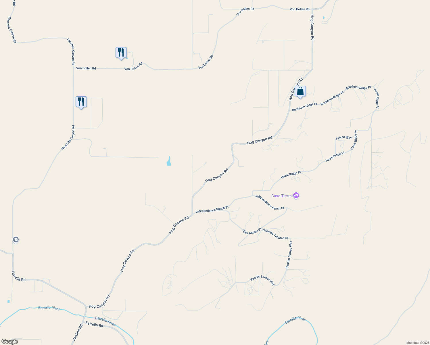 map of restaurants, bars, coffee shops, grocery stores, and more near 6286 Hog Canyon Road in San Miguel