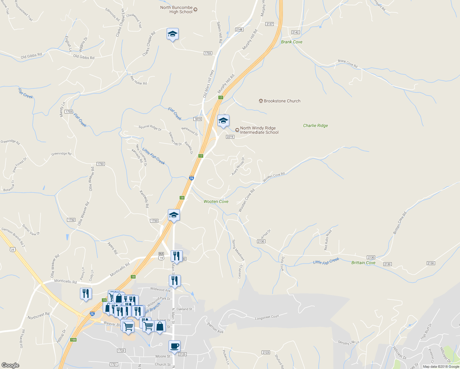 map of restaurants, bars, coffee shops, grocery stores, and more near 49 Evening Shade Drive in Weaverville