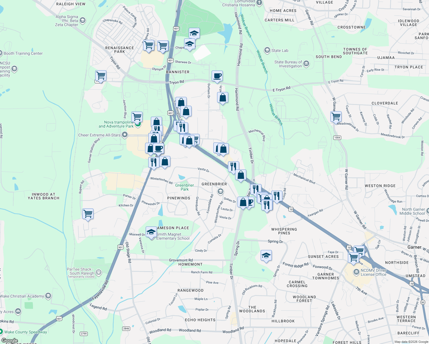 map of restaurants, bars, coffee shops, grocery stores, and more near 1329 U.S. 70 in Garner