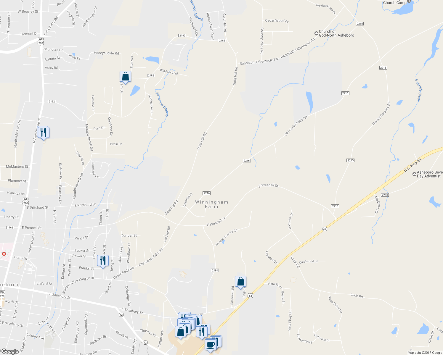 map of restaurants, bars, coffee shops, grocery stores, and more near 2033 Old Cedar Falls Road in Asheboro