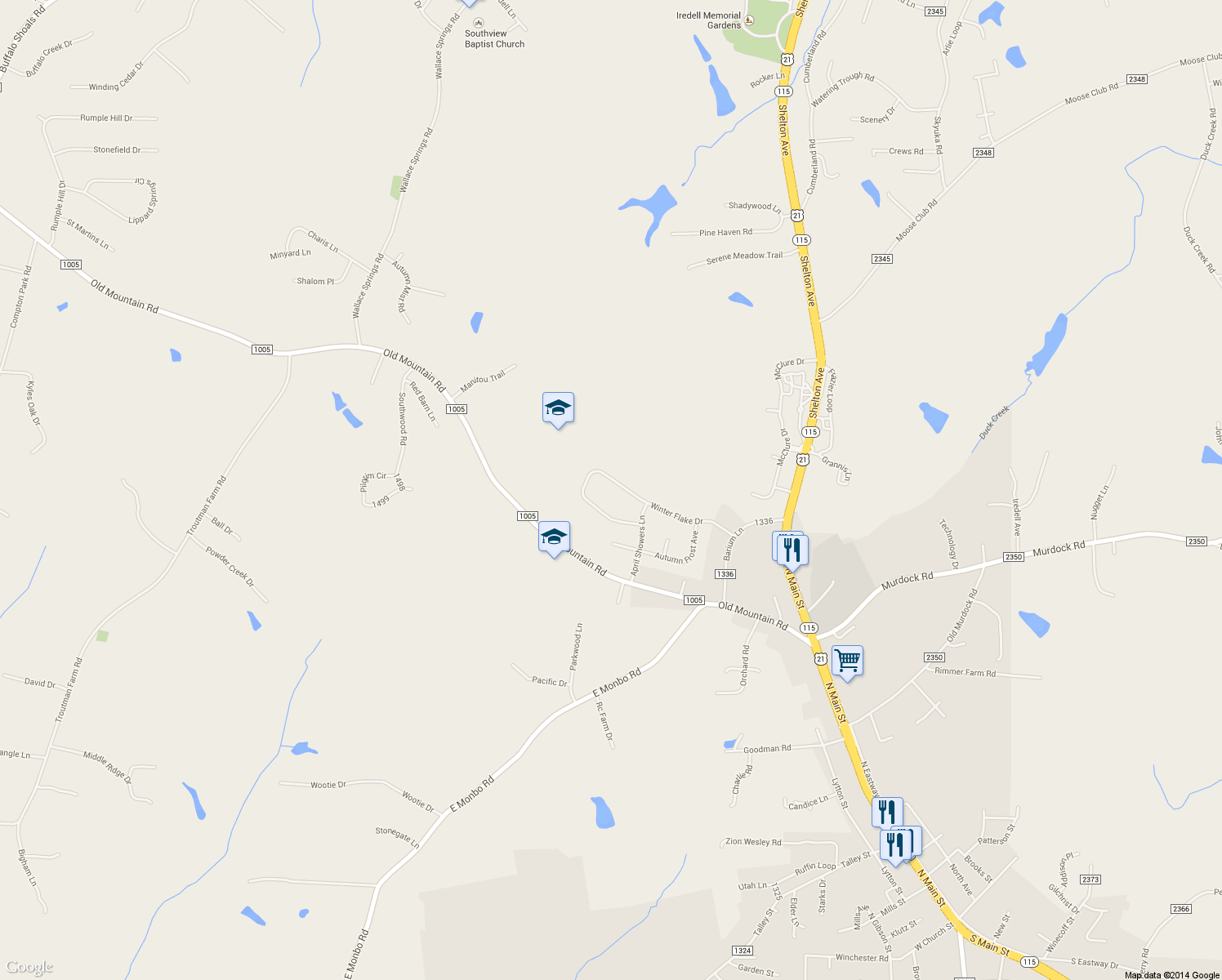 map of restaurants, bars, coffee shops, grocery stores, and more near 191 Winter Flake Drive in Statesville