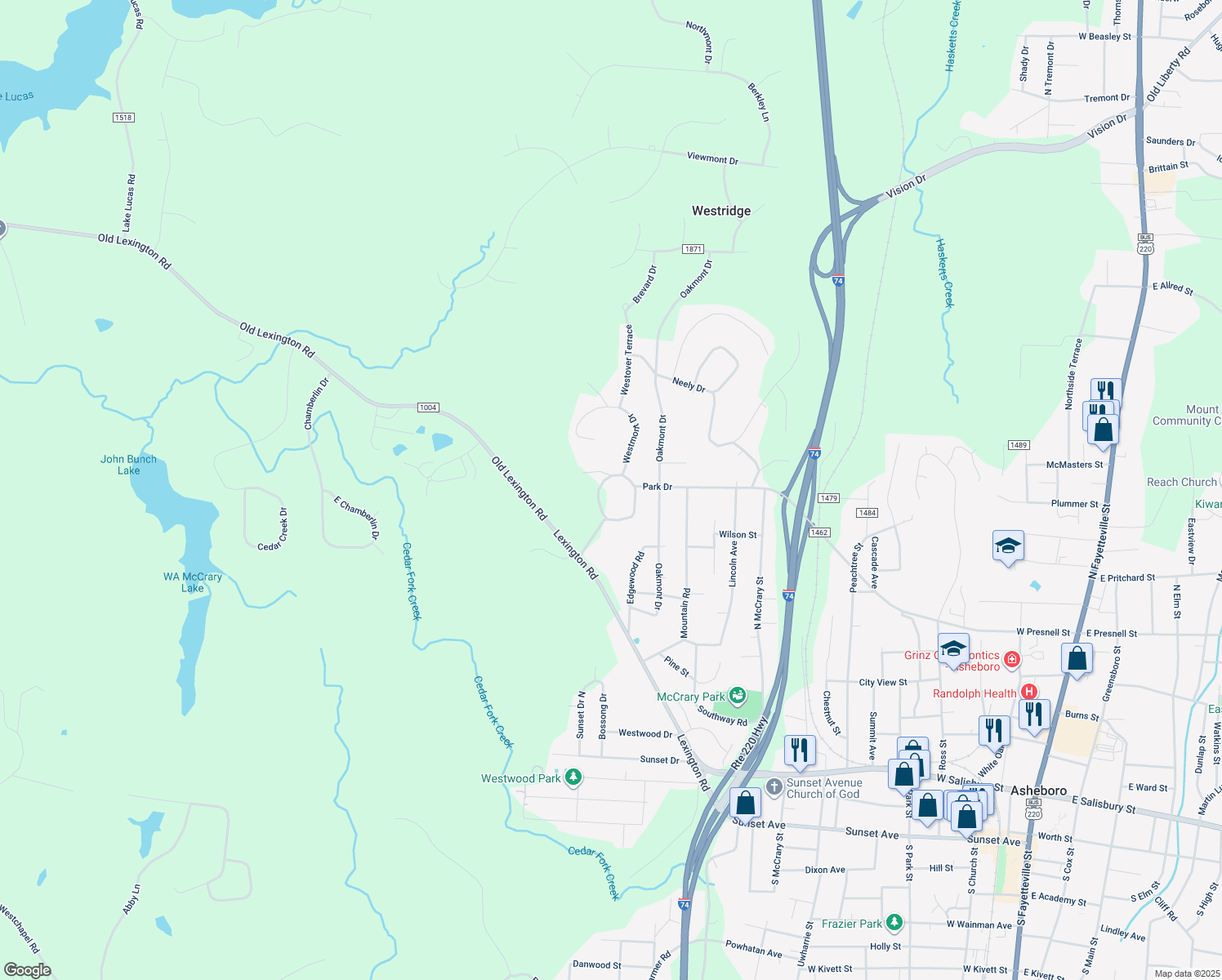 map of restaurants, bars, coffee shops, grocery stores, and more near 838 Westmont Drive in Asheboro