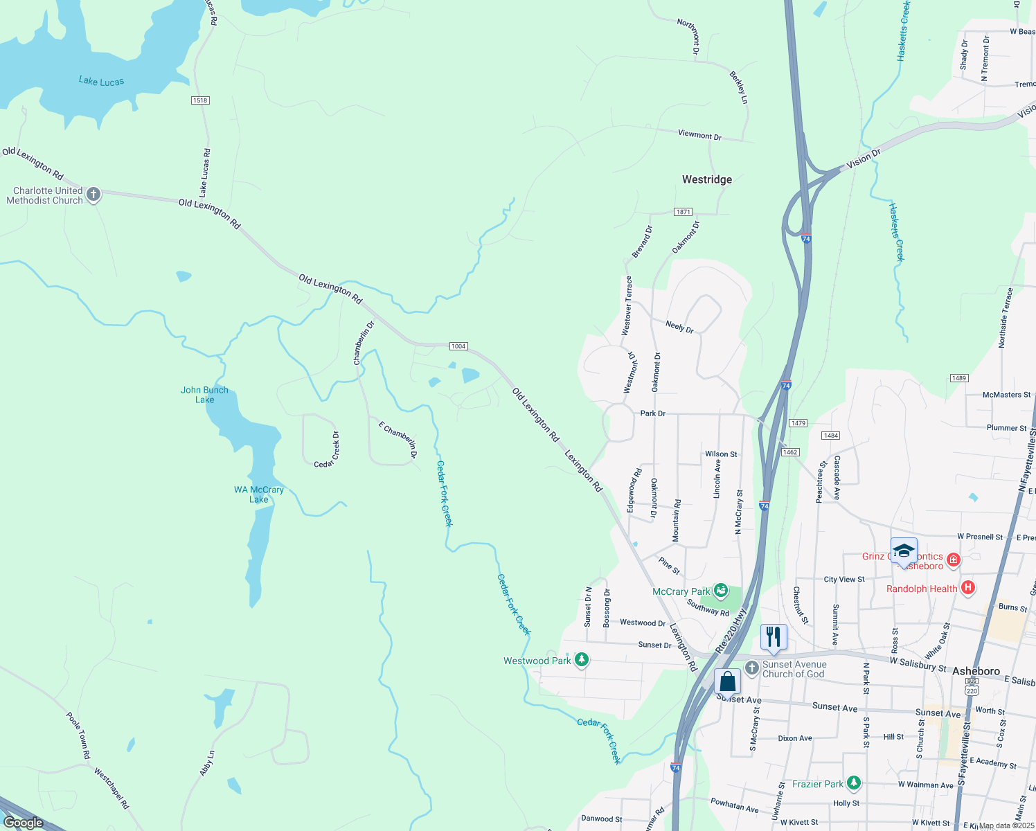 map of restaurants, bars, coffee shops, grocery stores, and more near 1549 Old Lexington Rd in Asheboro
