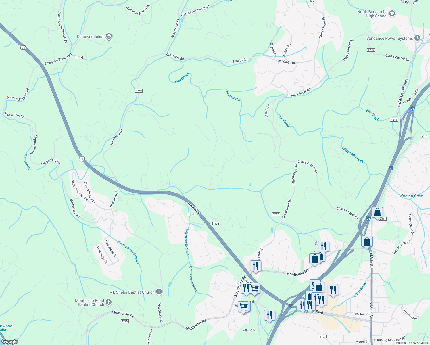 map of restaurants, bars, coffee shops, grocery stores, and more near 57 Pine Forest Drive in Weaverville