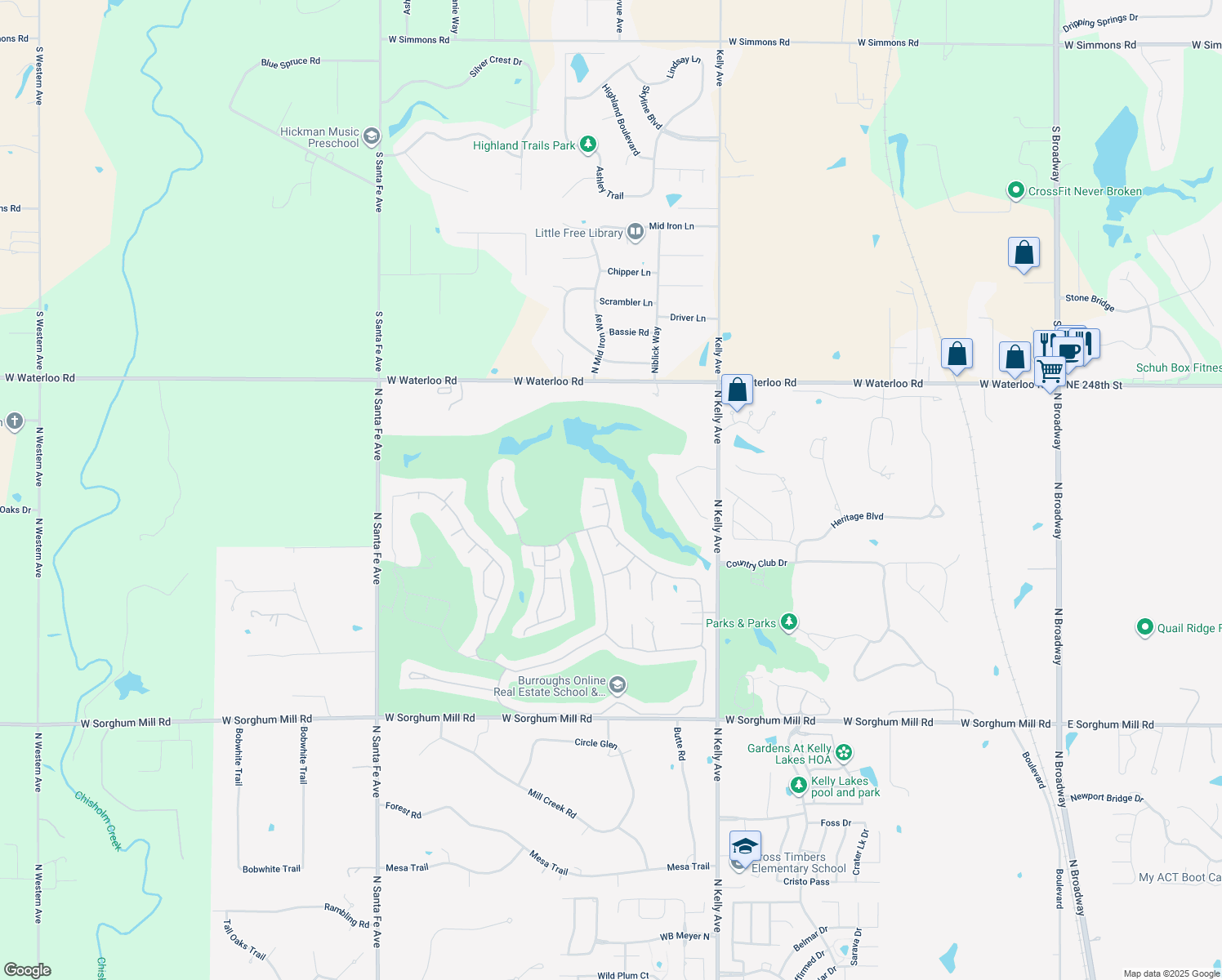 map of restaurants, bars, coffee shops, grocery stores, and more near 6406 Oak Tree Circle in Edmond