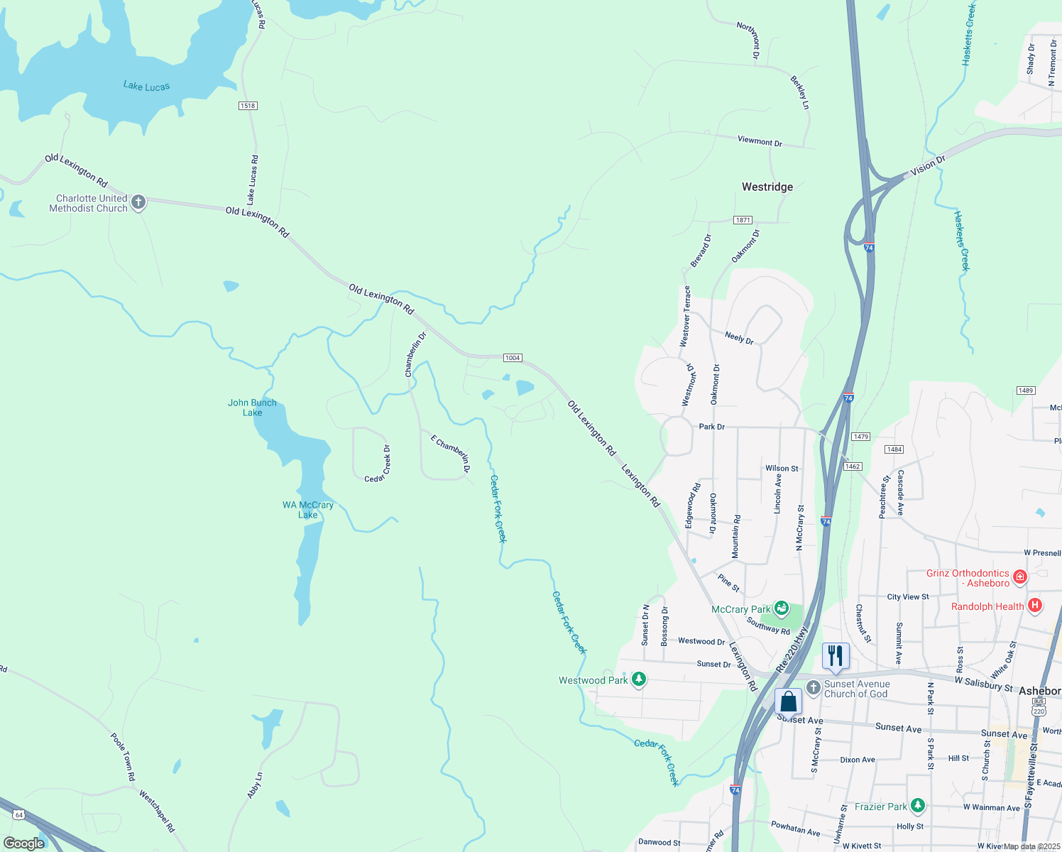 map of restaurants, bars, coffee shops, grocery stores, and more near 1357 Middleton Circle in Asheboro