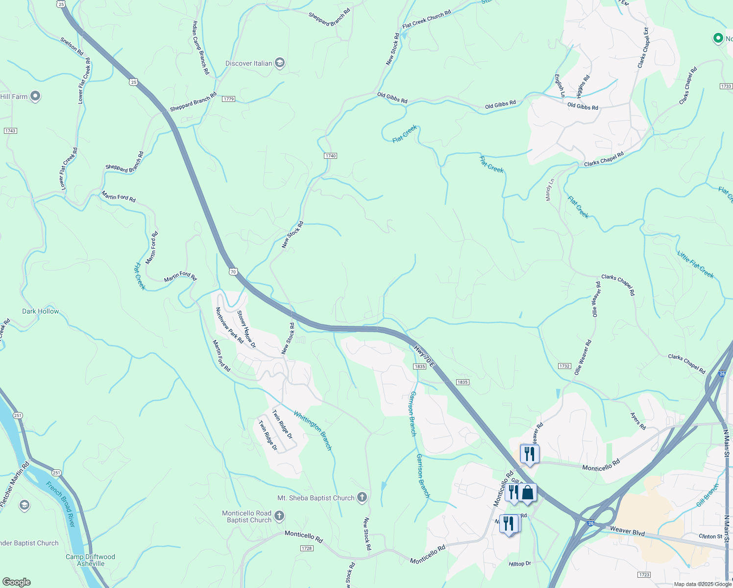 map of restaurants, bars, coffee shops, grocery stores, and more near 239 Garrison Branch Road #5 in Weaverville