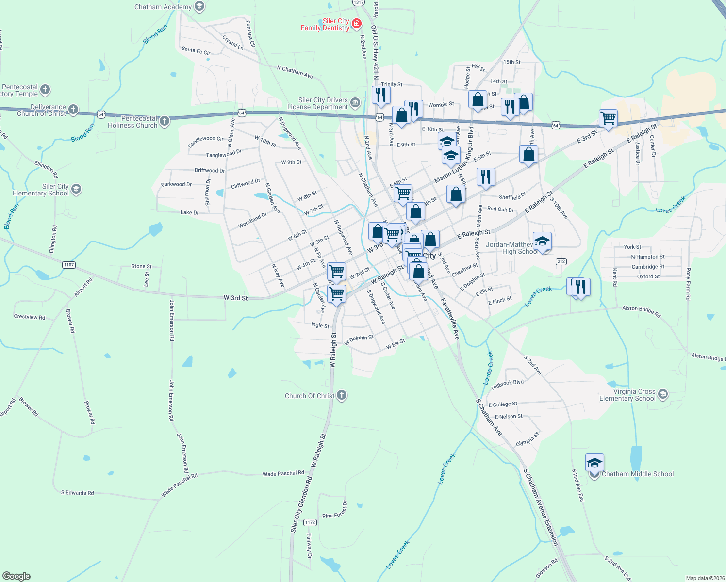 map of restaurants, bars, coffee shops, grocery stores, and more near 104 S Dogwood Ave in Siler City