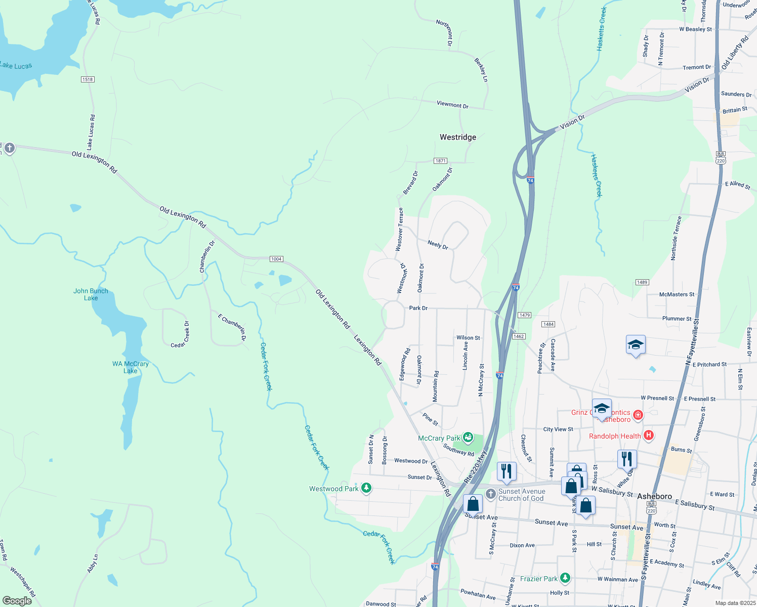 map of restaurants, bars, coffee shops, grocery stores, and more near 838 Westmont Drive in Asheboro