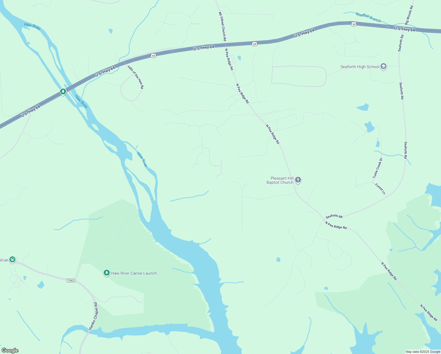 map of restaurants, bars, coffee shops, grocery stores, and more near 282 Hatley Falls Road in Pittsboro