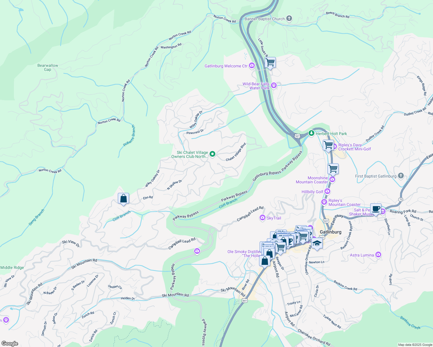 map of restaurants, bars, coffee shops, grocery stores, and more near 803 Village Place in Gatlinburg
