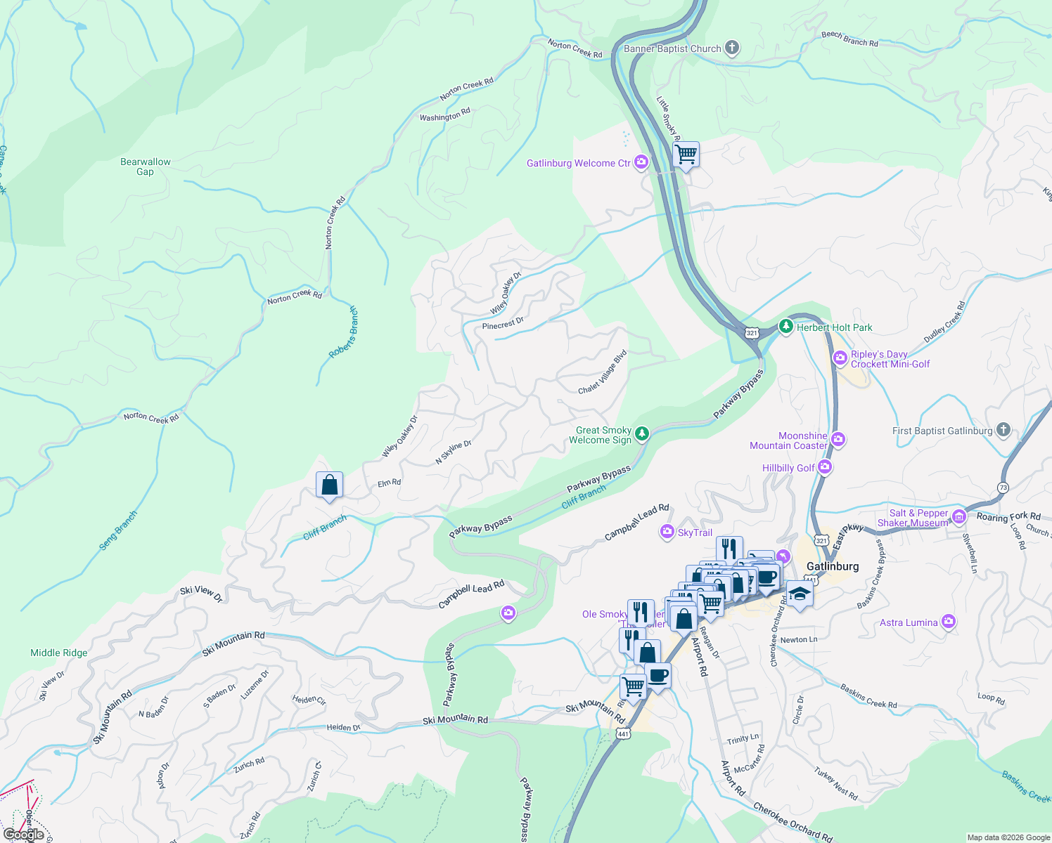 map of restaurants, bars, coffee shops, grocery stores, and more near 911 Aspen Lane in Gatlinburg