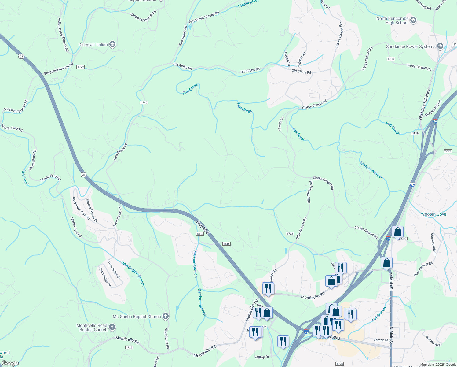 map of restaurants, bars, coffee shops, grocery stores, and more near 57 Pine Forest Drive in Weaverville