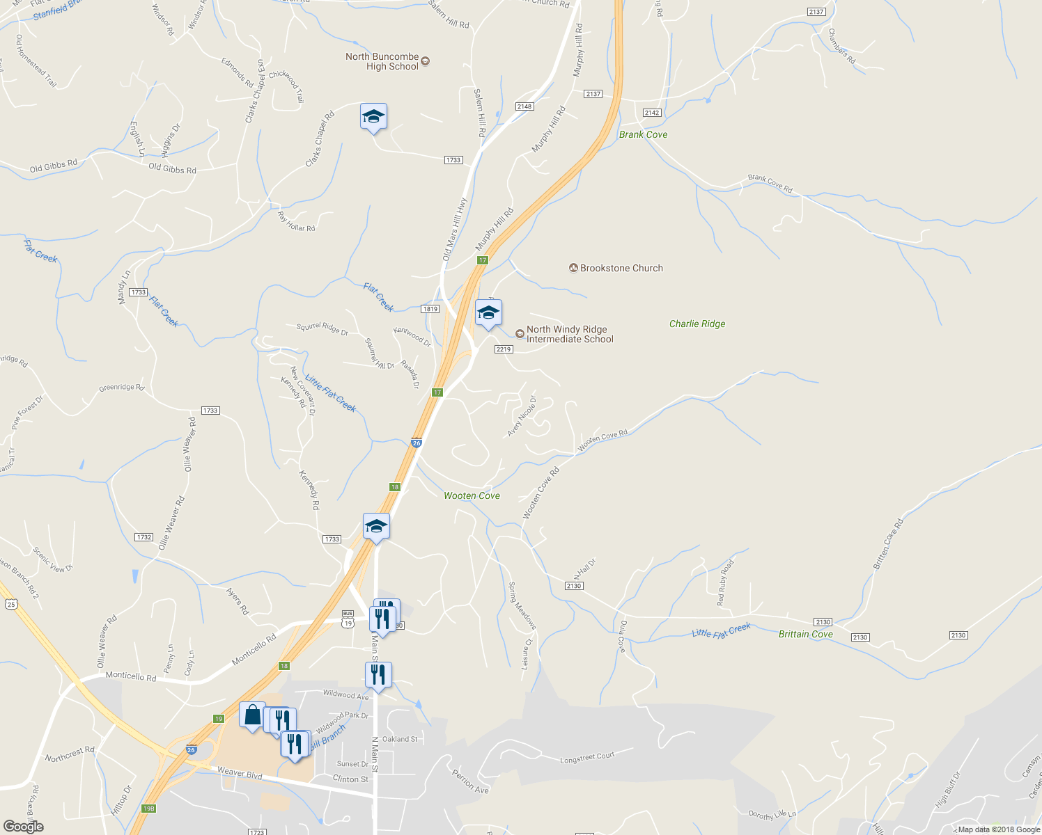 map of restaurants, bars, coffee shops, grocery stores, and more near 22 Avery Nicole Drive in Weaverville