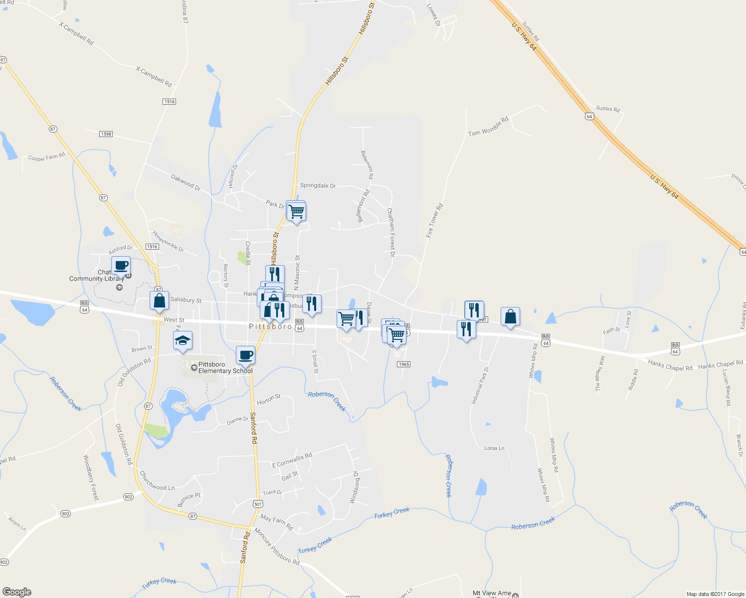 map of restaurants, bars, coffee shops, grocery stores, and more near 150 Davie Street in Pittsboro