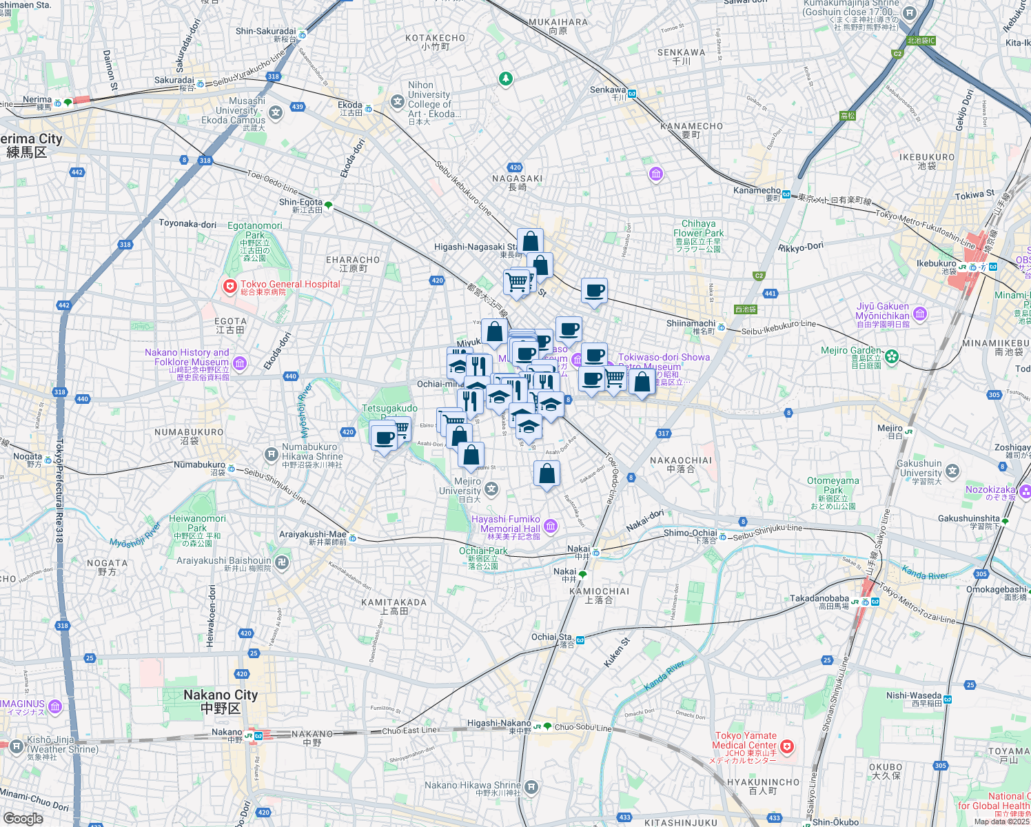 map of restaurants, bars, coffee shops, grocery stores, and more near  in Shinjuku City