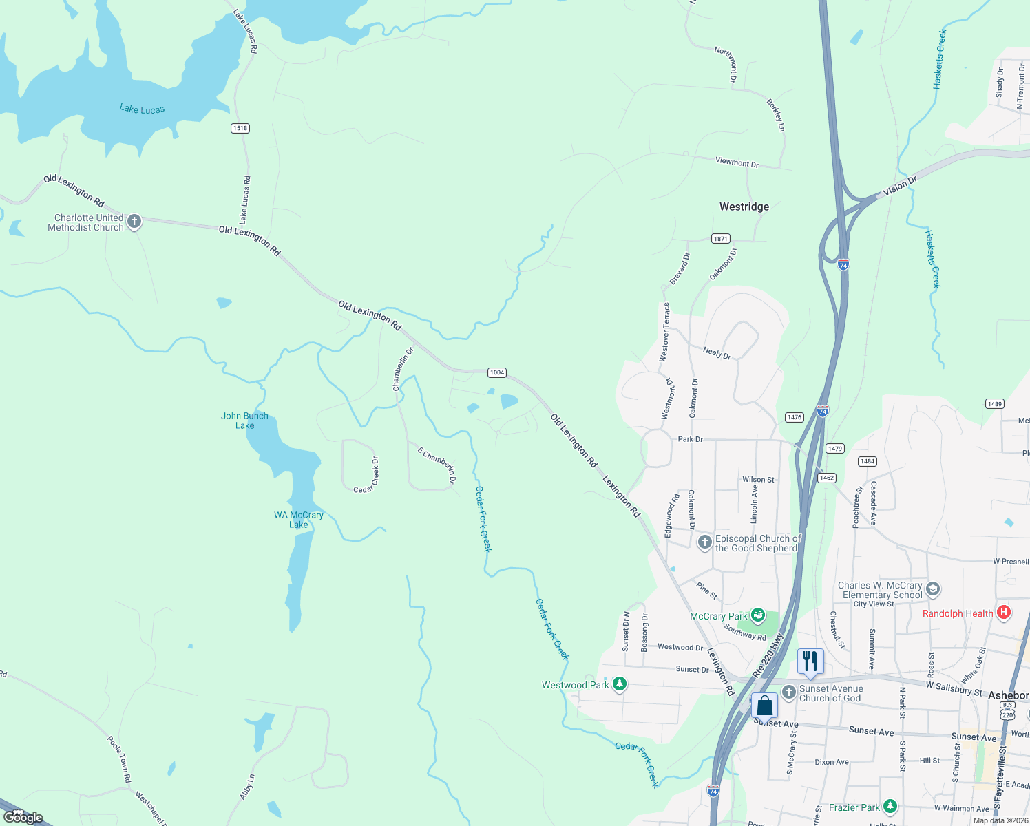 map of restaurants, bars, coffee shops, grocery stores, and more near 1162 Olde Towne Parkway in Asheboro