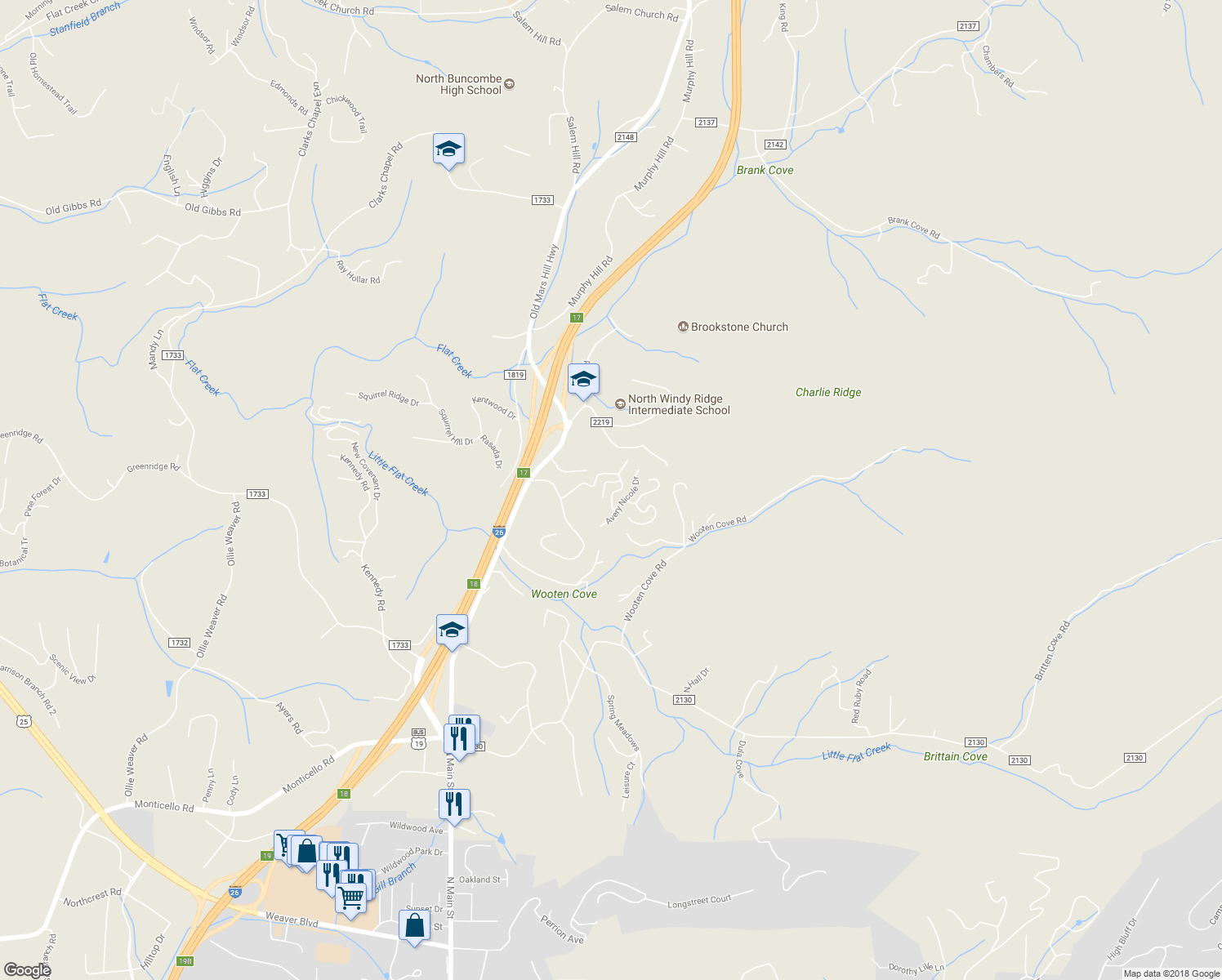 map of restaurants, bars, coffee shops, grocery stores, and more near 141 Starview Knoll in Weaverville