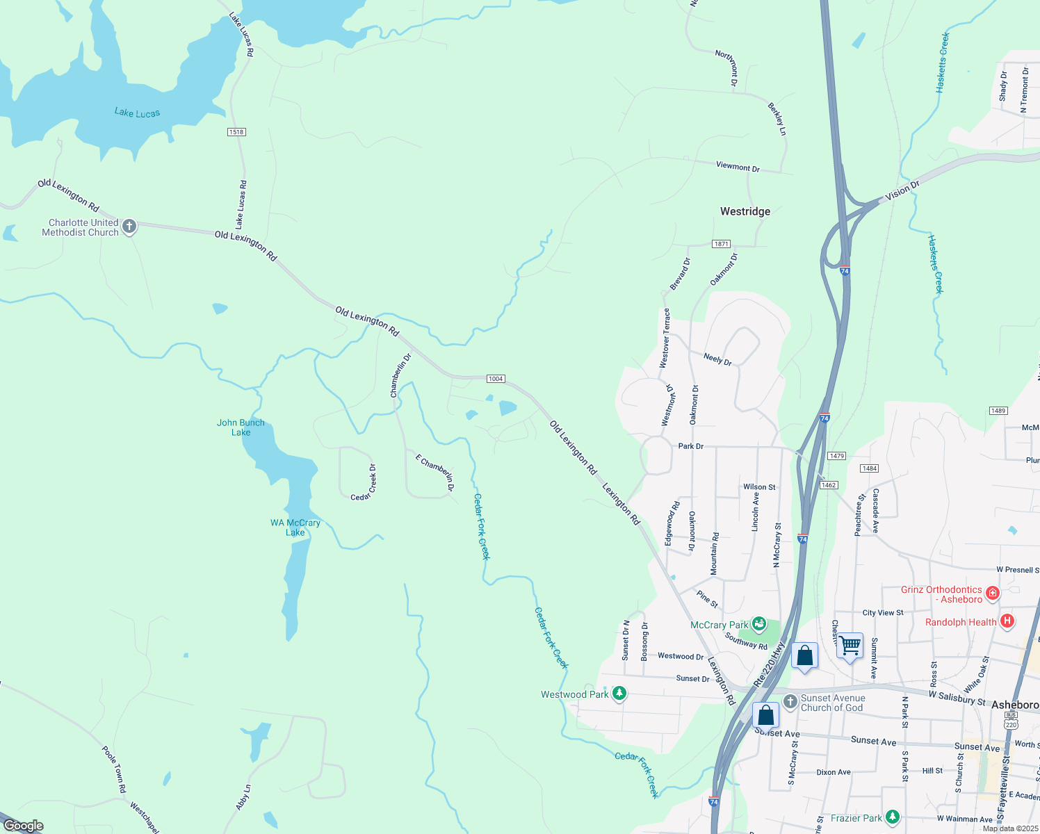map of restaurants, bars, coffee shops, grocery stores, and more near 1144 Olde Towne Parkway in Asheboro