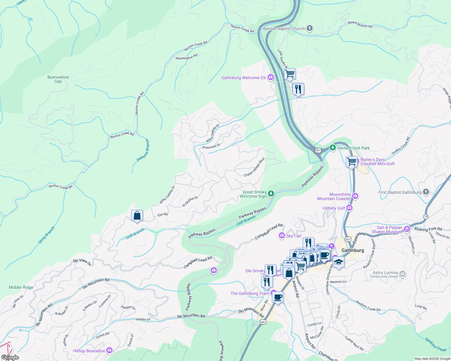map of restaurants, bars, coffee shops, grocery stores, and more near 706 Wiley Oakley Drive in Gatlinburg