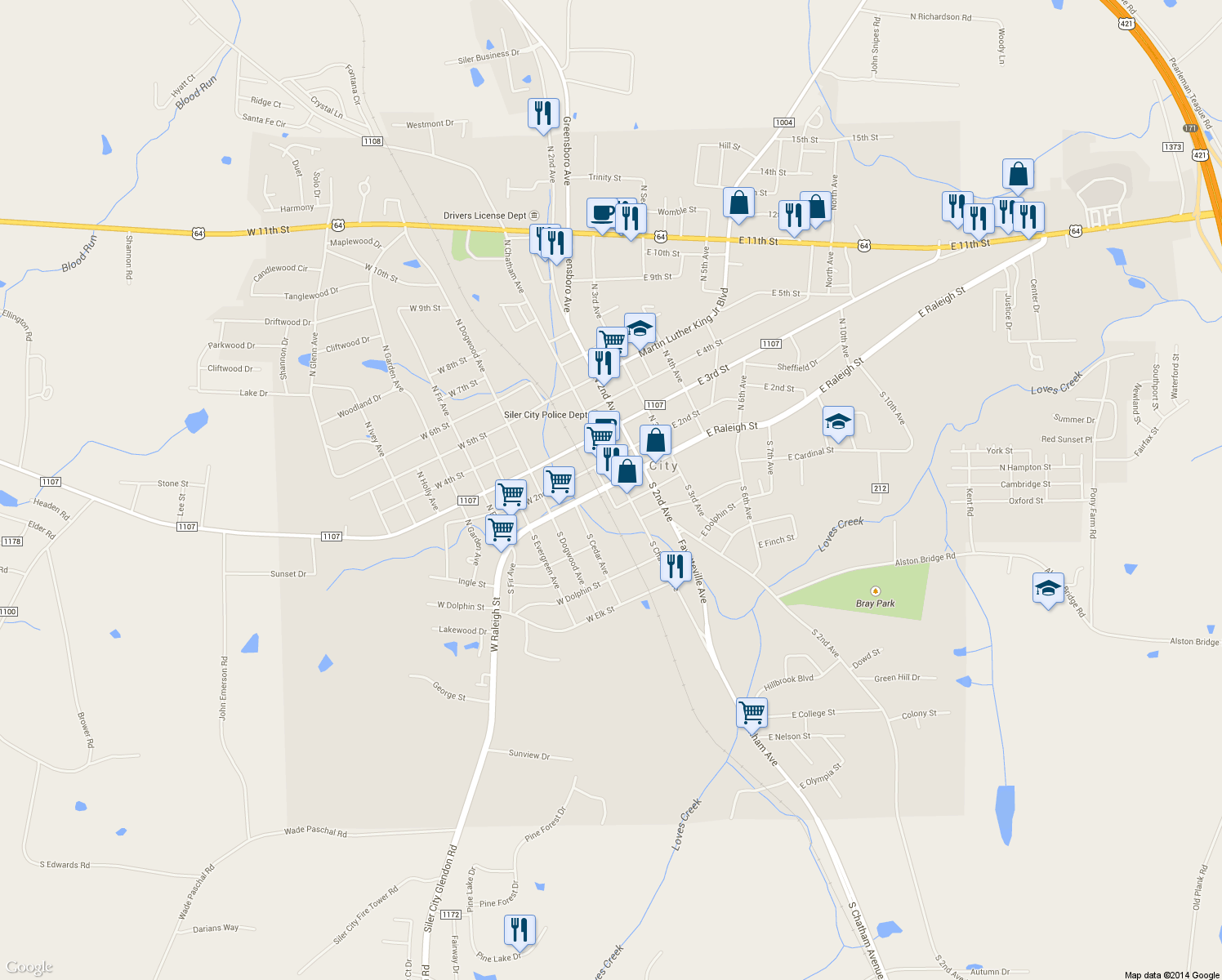 map of restaurants, bars, coffee shops, grocery stores, and more near 117 West Raleigh Street in Siler City