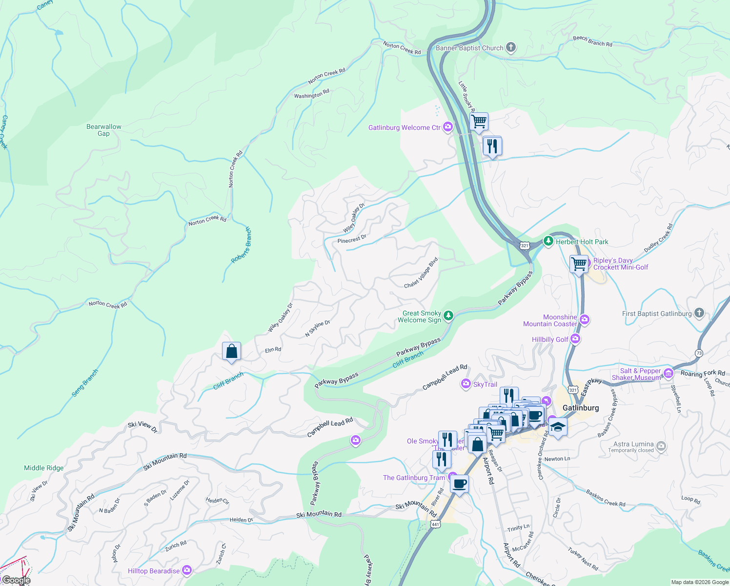 map of restaurants, bars, coffee shops, grocery stores, and more near 706 Wiley Oakley Drive in Gatlinburg