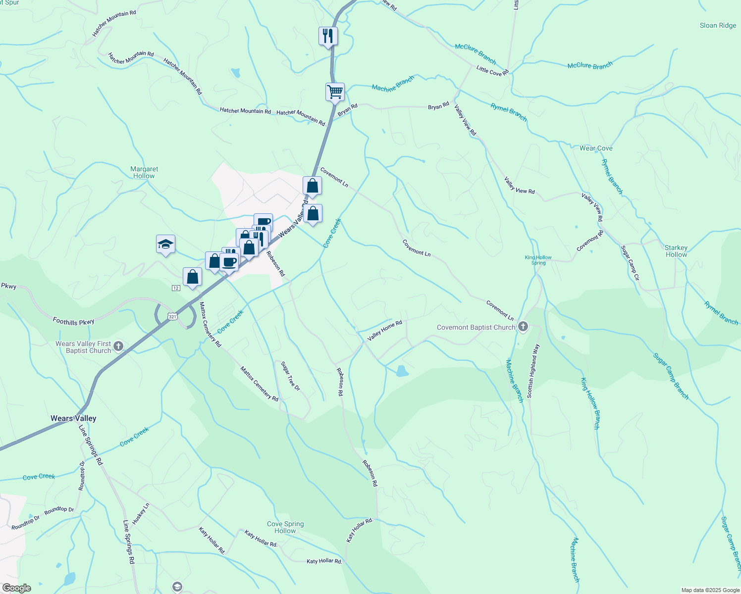 map of restaurants, bars, coffee shops, grocery stores, and more near 3354 Spring View Dr in Sevierville