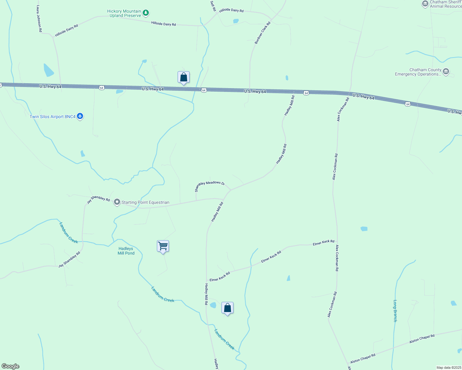 map of restaurants, bars, coffee shops, grocery stores, and more near 48 Shambley Meadows Drive in Pittsboro