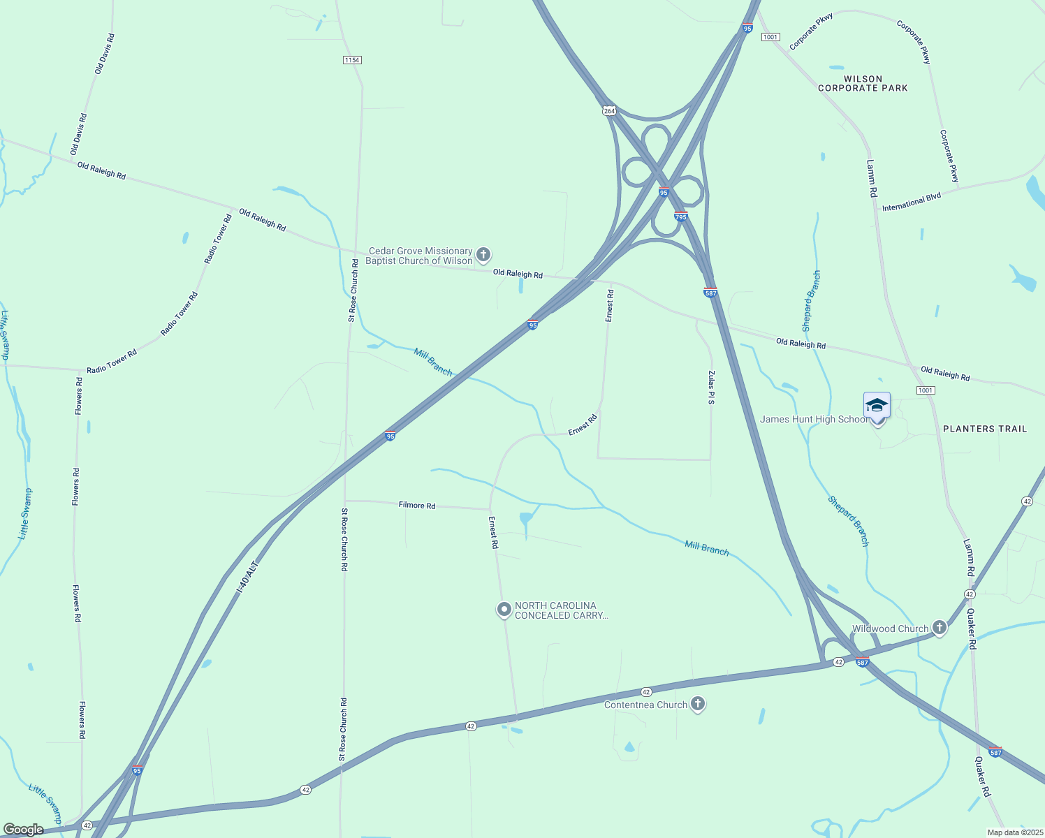 map of restaurants, bars, coffee shops, grocery stores, and more near 5264 Ernest Road in Wilson