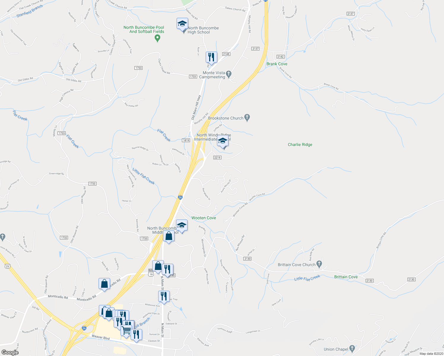 map of restaurants, bars, coffee shops, grocery stores, and more near 3 Gemini Heights in Weaverville