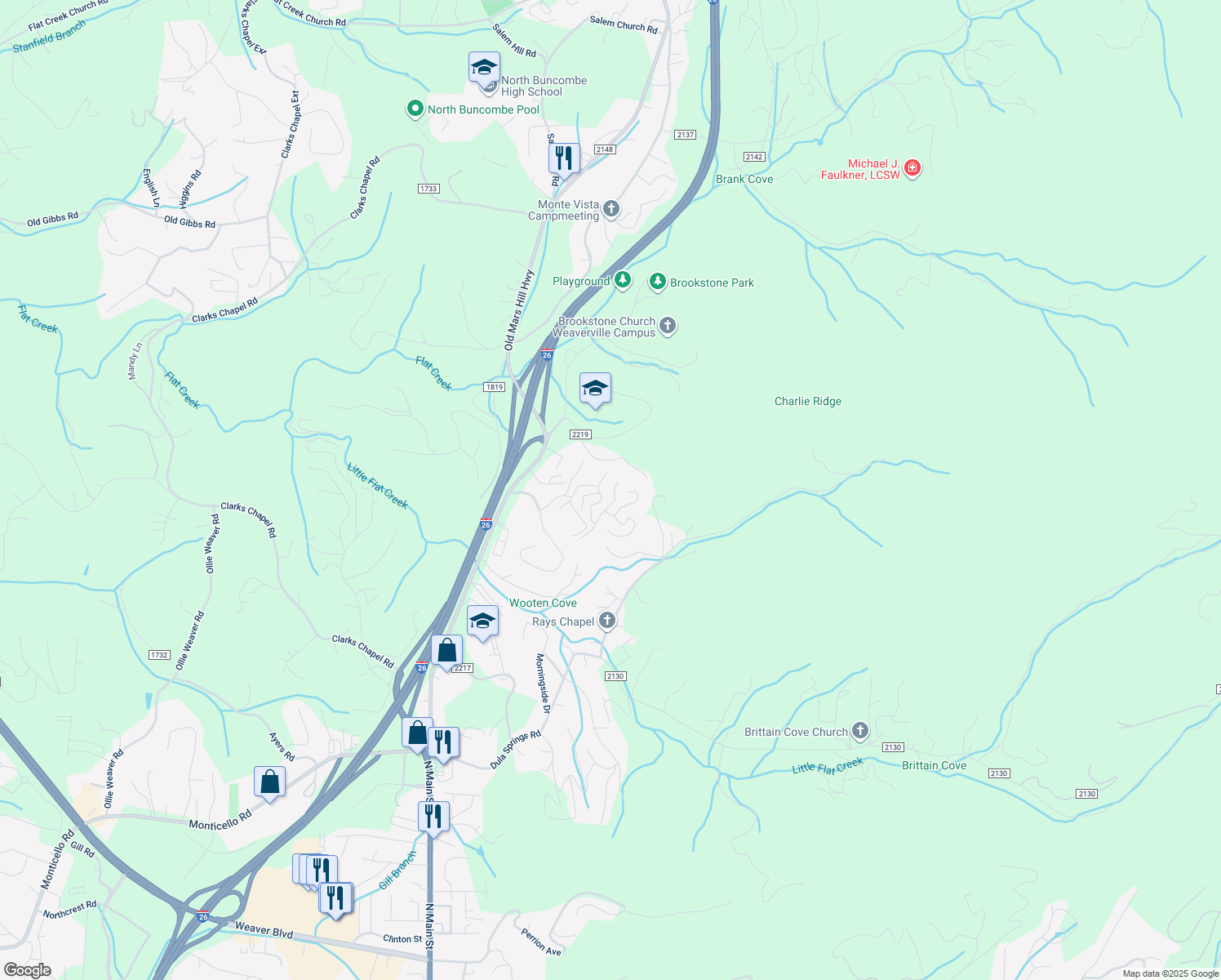 map of restaurants, bars, coffee shops, grocery stores, and more near 11 Avery Nicole Drive in Weaverville
