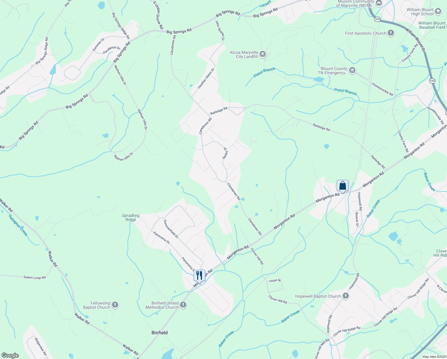 map of restaurants, bars, coffee shops, grocery stores, and more near 3556 Hawks Ridge Drive in Maryville
