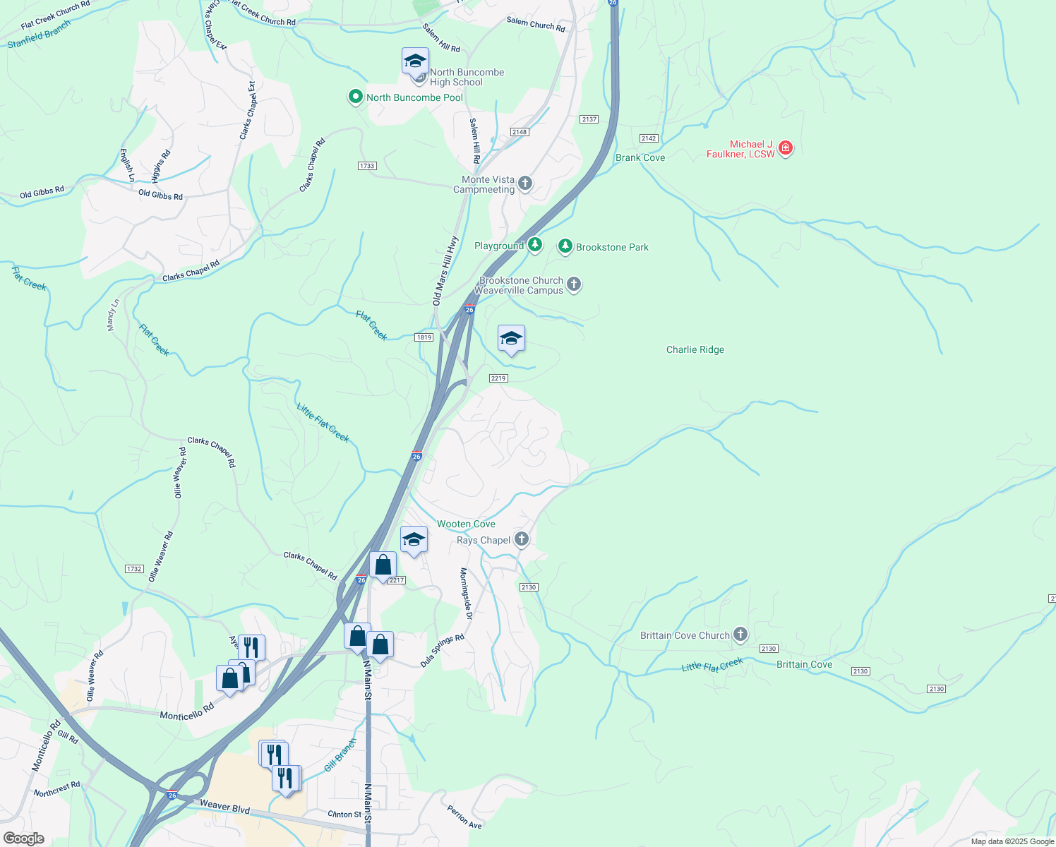 map of restaurants, bars, coffee shops, grocery stores, and more near 1 Avery Nicole Drive in Weaverville