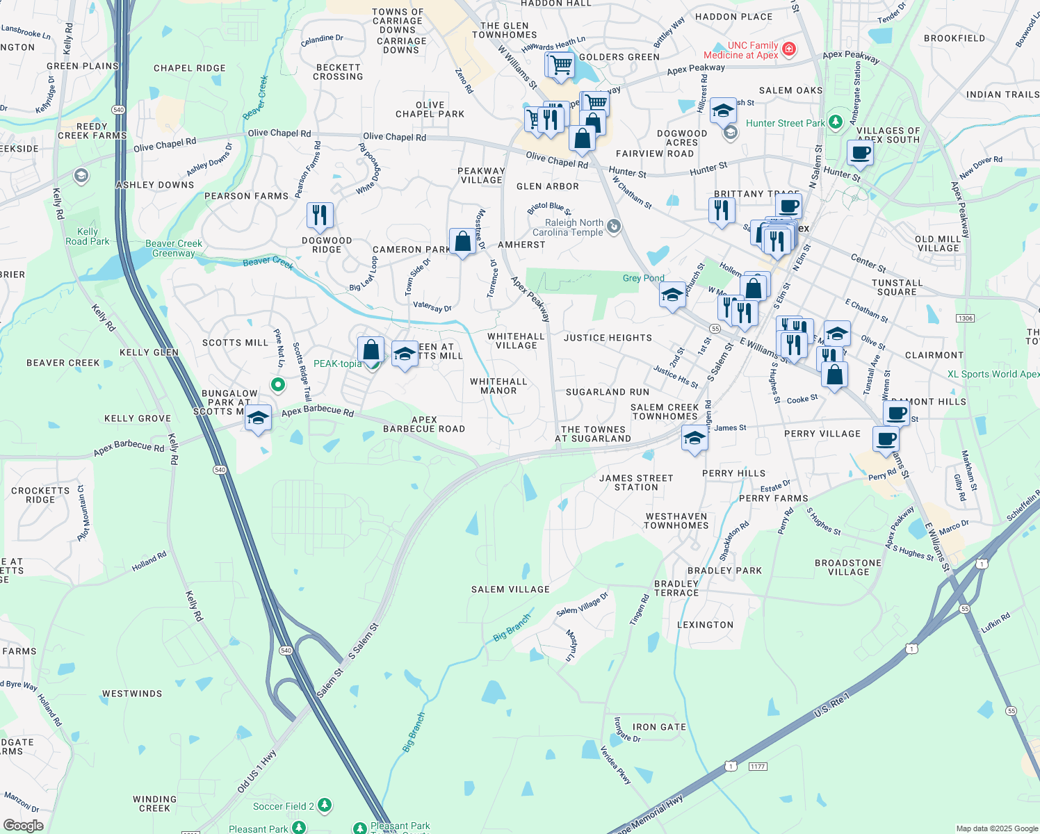 map of restaurants, bars, coffee shops, grocery stores, and more near 1004 Daresbury Drive in Apex