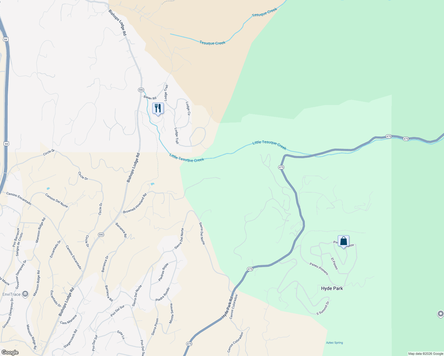map of restaurants, bars, coffee shops, grocery stores, and more near 210 Brownell-Howland Road in Santa Fe