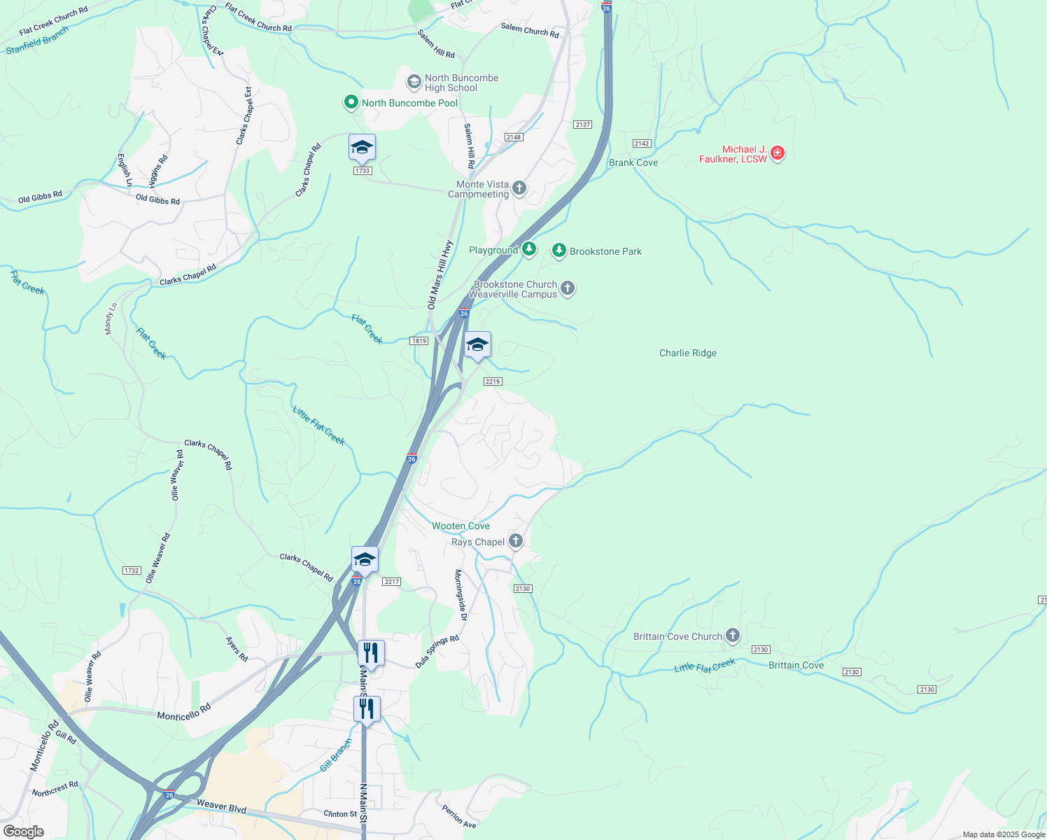 map of restaurants, bars, coffee shops, grocery stores, and more near 1 Avery Nicole Drive in Weaverville