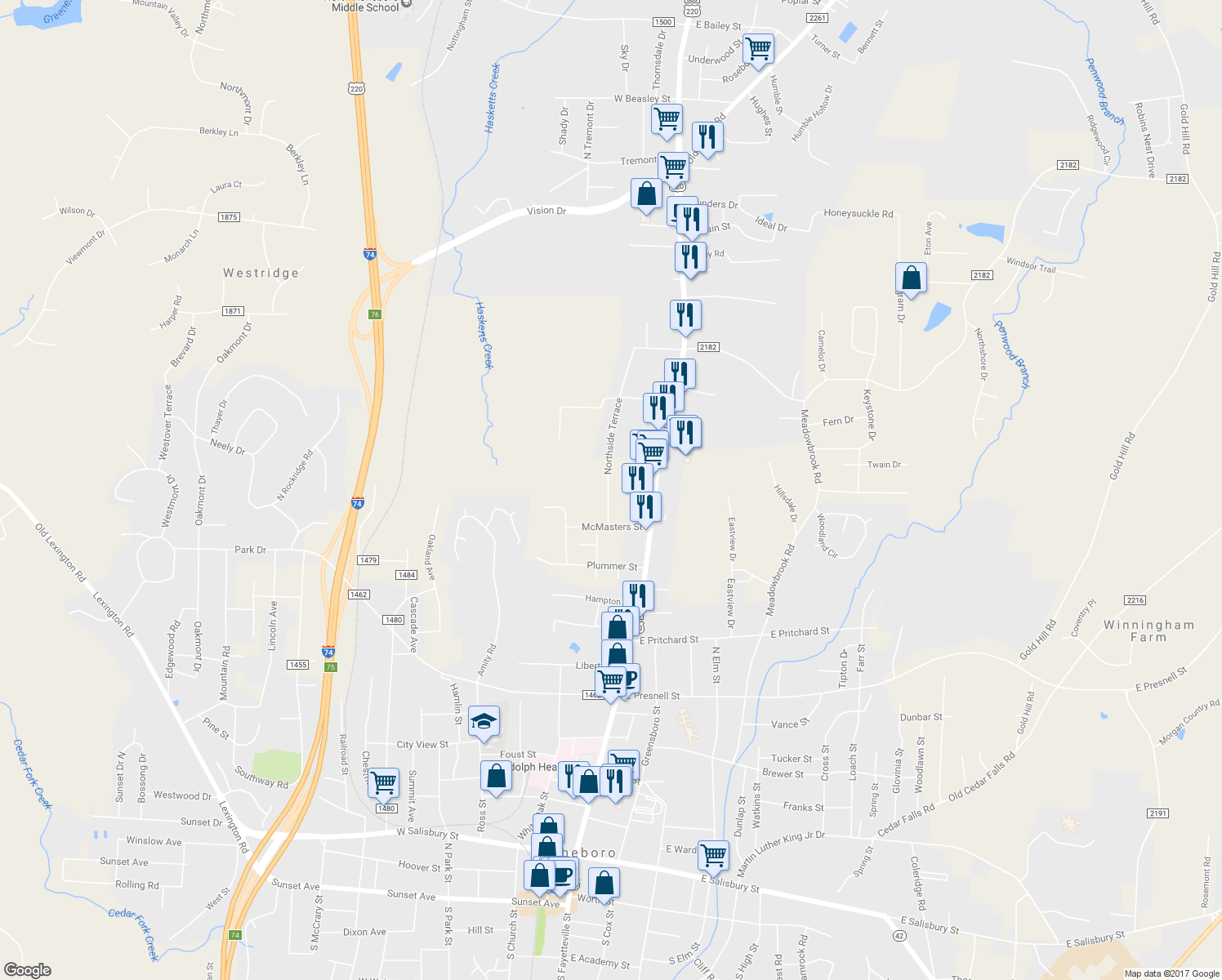 map of restaurants, bars, coffee shops, grocery stores, and more near 1120 Northside Terrace in Asheboro
