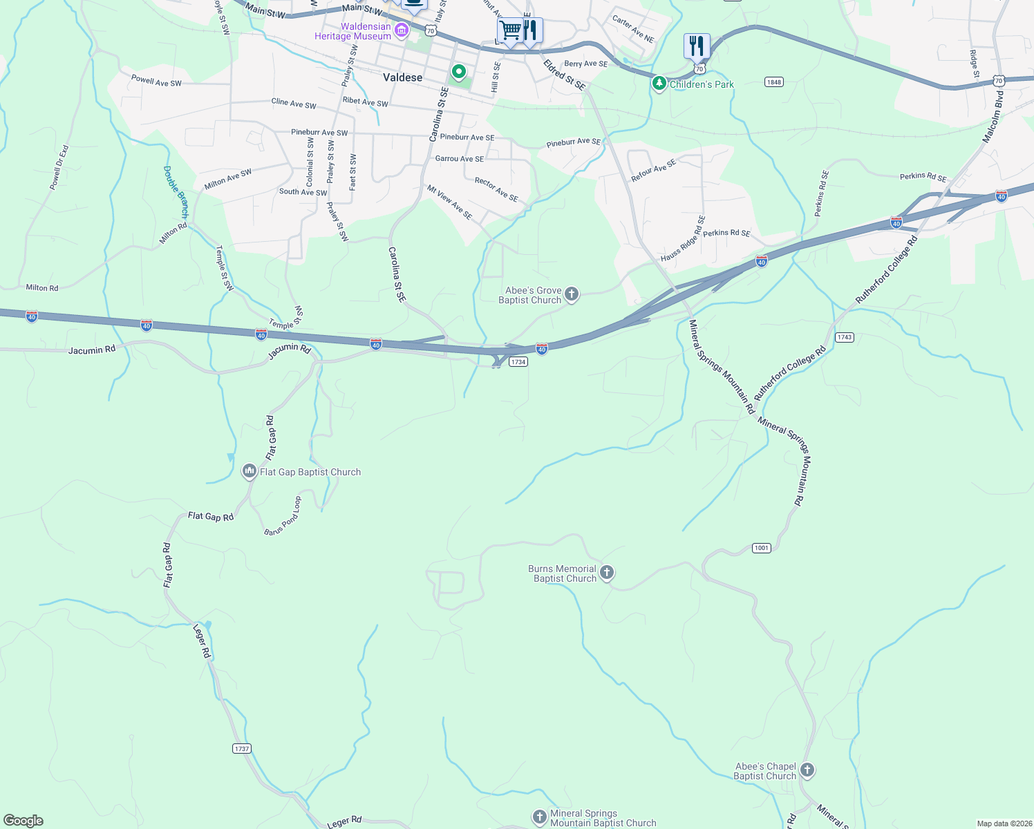 map of restaurants, bars, coffee shops, grocery stores, and more near 5276 Millstone Avenue in Valdese