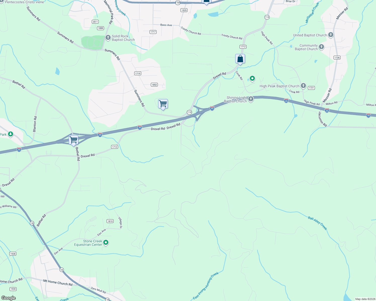 map of restaurants, bars, coffee shops, grocery stores, and more near 3400 Cleet York Road in Valdese