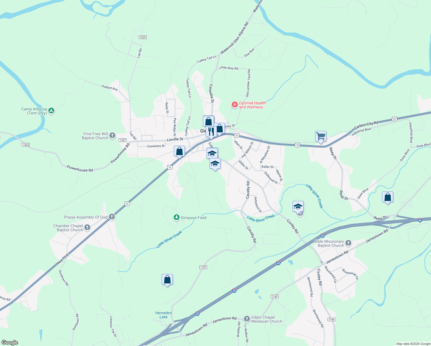 map of restaurants, bars, coffee shops, grocery stores, and more near 302 London Street in Morganton