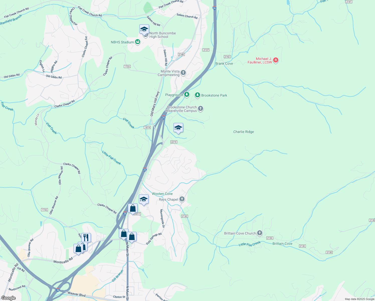 map of restaurants, bars, coffee shops, grocery stores, and more near 109 Upper Grove Lane in Weaverville