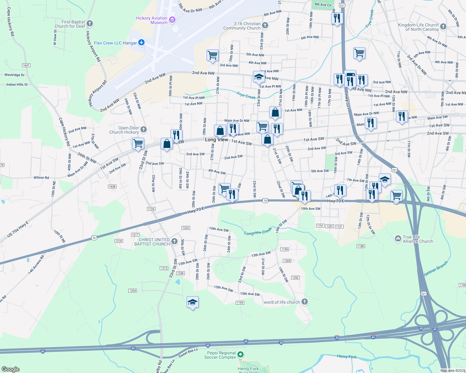 map of restaurants, bars, coffee shops, grocery stores, and more near 523 25th Street Southwest in Hickory