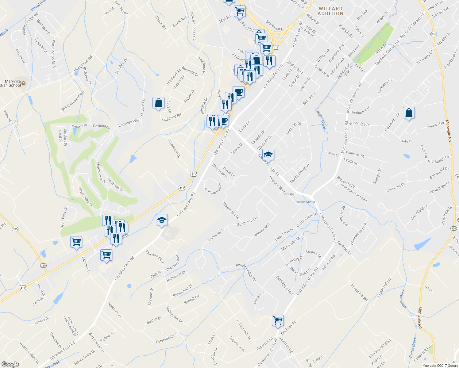 map of restaurants, bars, coffee shops, grocery stores, and more near 441 Savannah Village Drive in Maryville