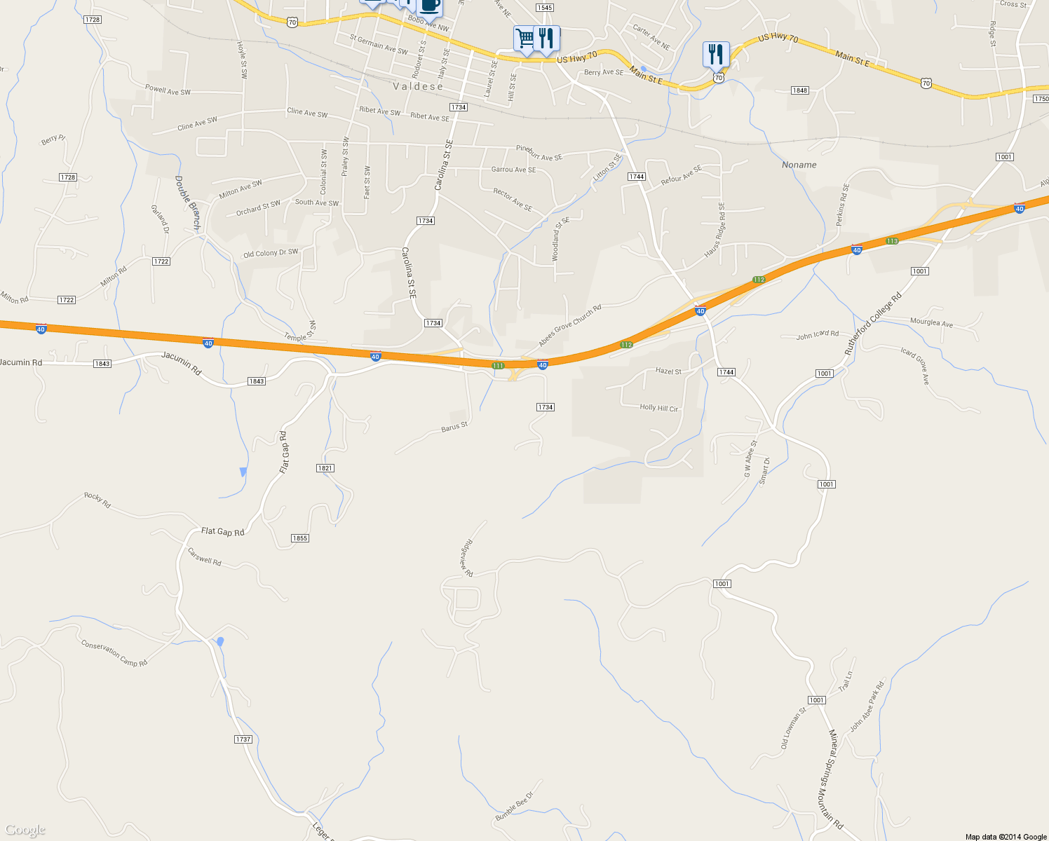 map of restaurants, bars, coffee shops, grocery stores, and more near 5276 Millstone Ave in Valdese